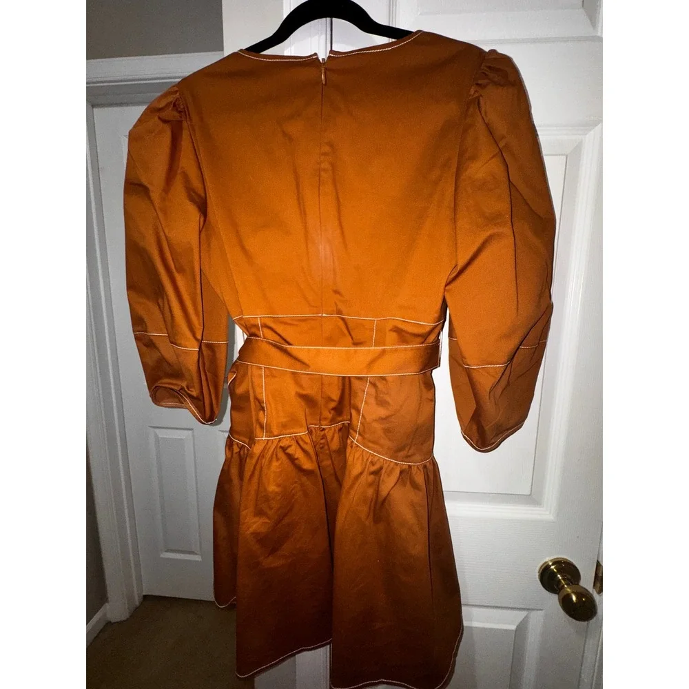 Cinq a Sept Khloe Mini Dress Ochre Brown Contrast Stitch Puff Sleeve Belted 12 - Picture 10 of 10